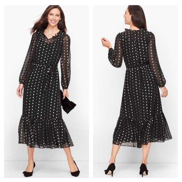 Talbots Metallic Clip Dot Black Midi Dress Size 8 - Picture 1 of 6